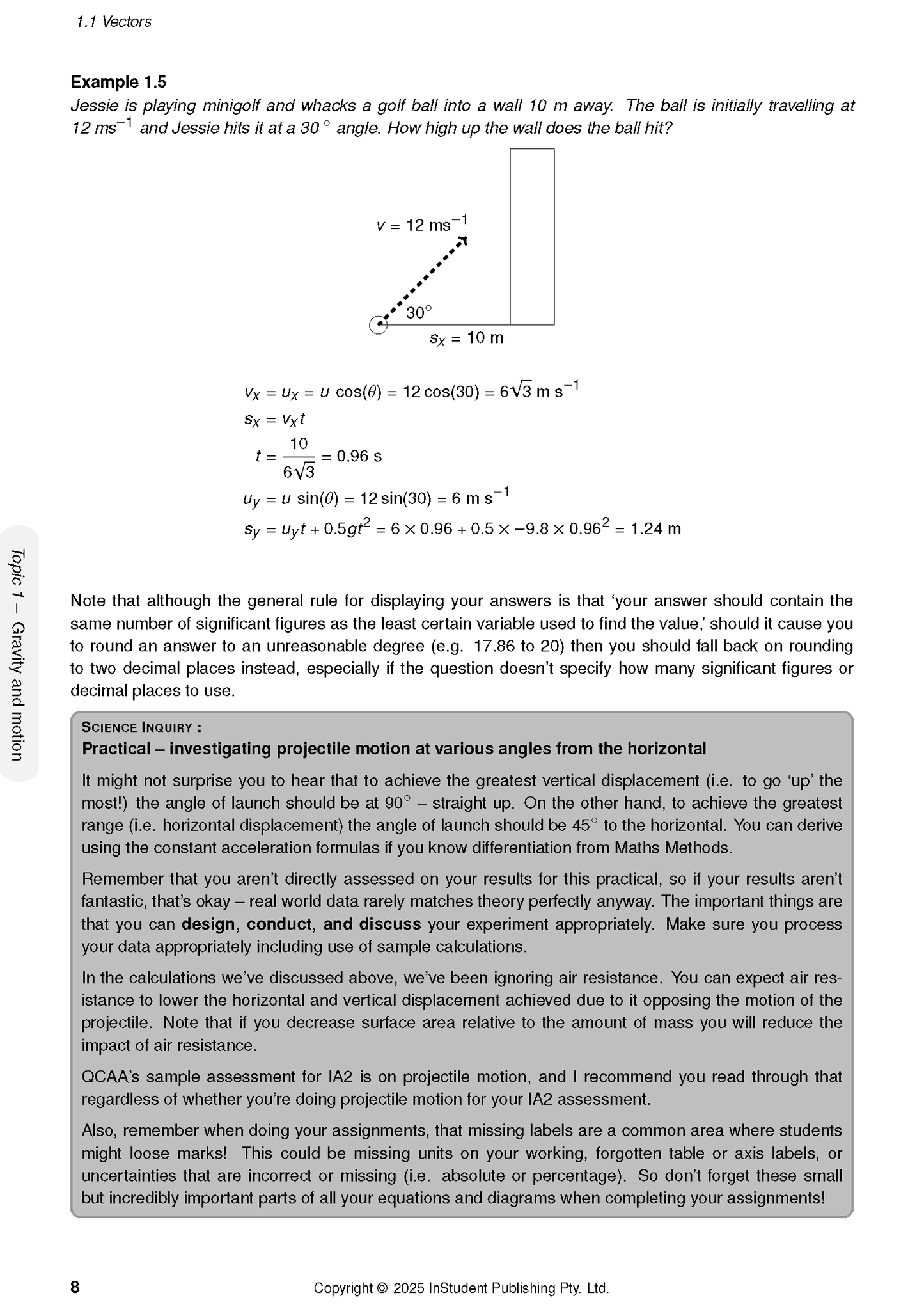 QCE Physics 3&4 Complete Course Notes by ATAR Notes, displaying a page with physics problem calculations and a projectile motion diagram.