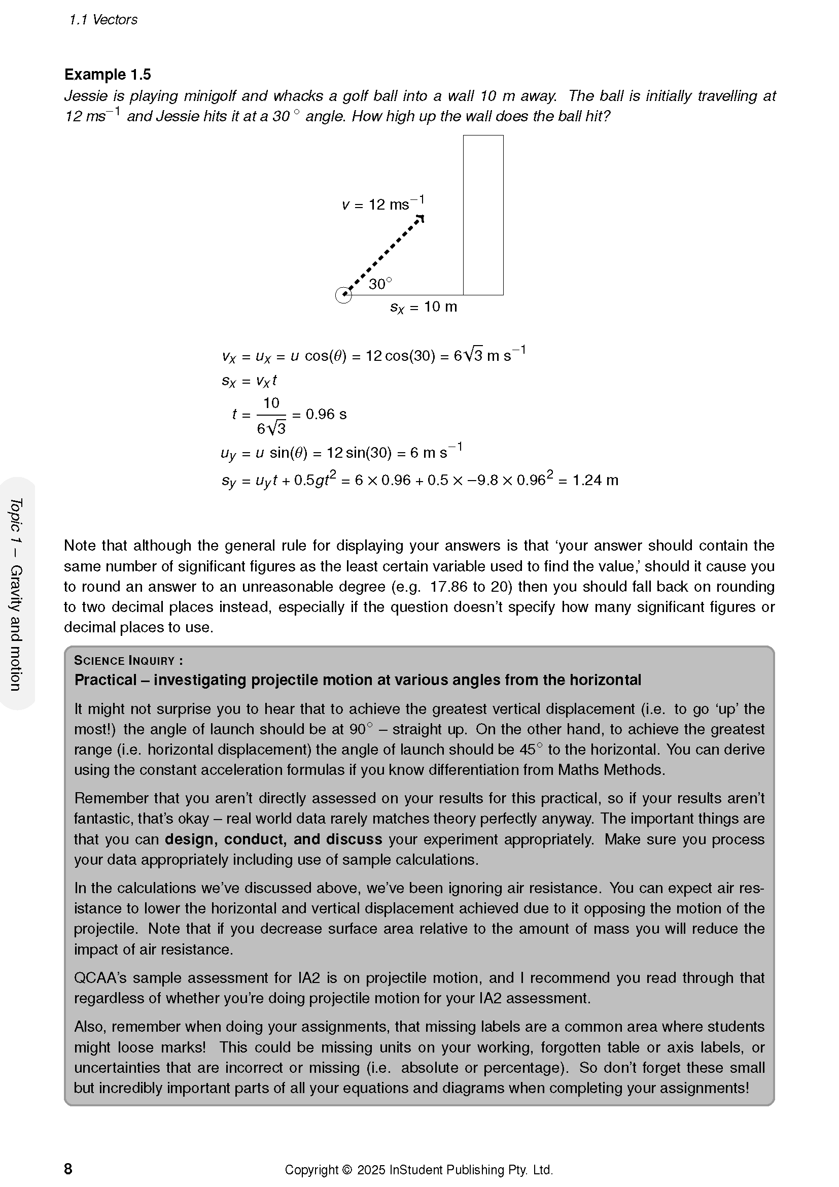 QCE Physics 3&4 Complete Course Notes by ATAR Notes, displaying a page with physics problem calculations and a projectile motion diagram.