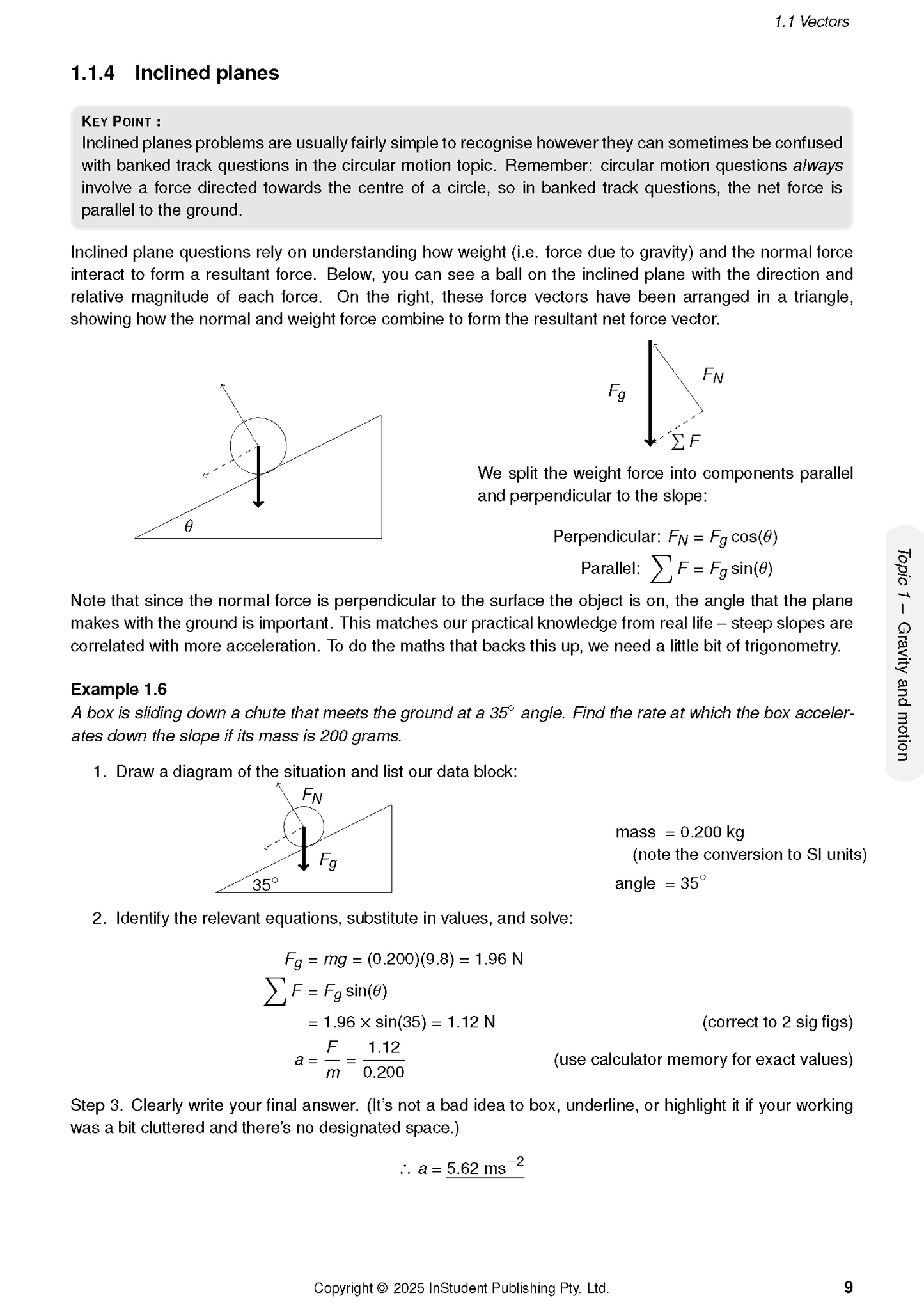 Physics Course Notes by ATAR Notes showing formulas, diagrams, and calculations for inclined planes.
