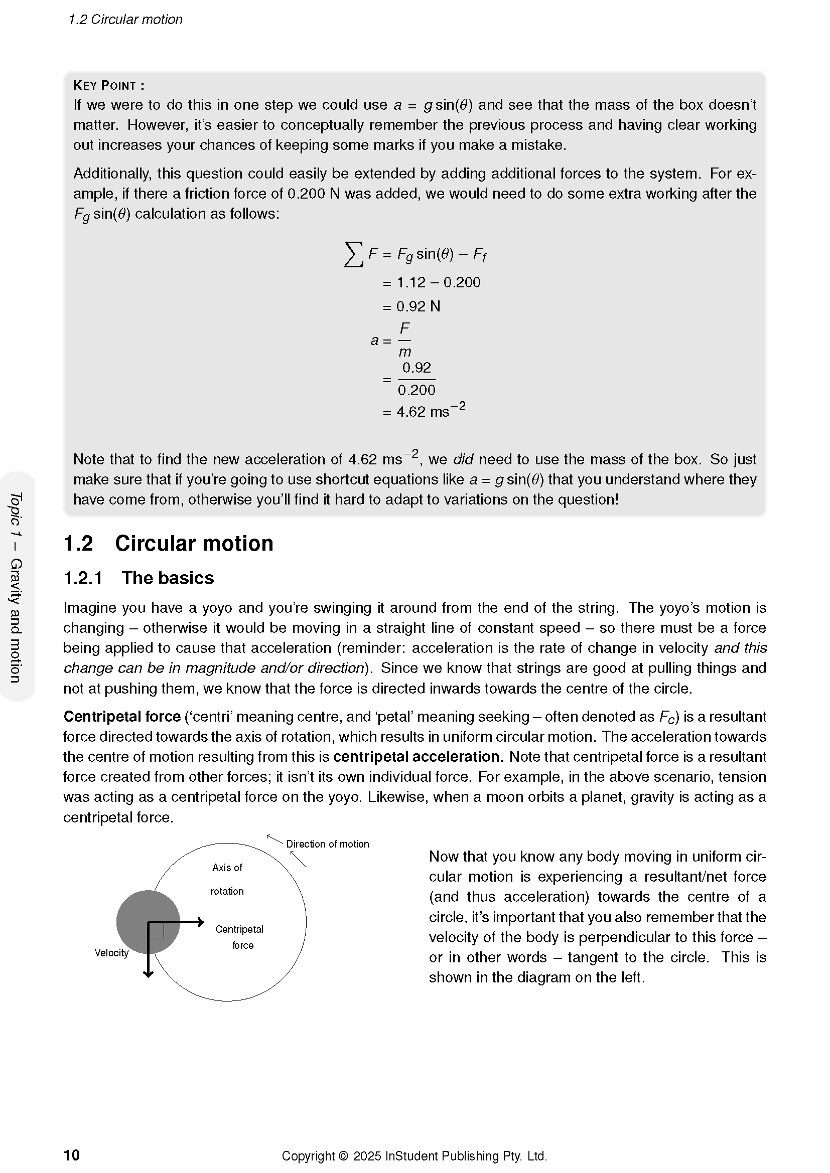 White page of Physics Course Notes by ATAR Notes showing circular motion text, equations, and a force diagram.