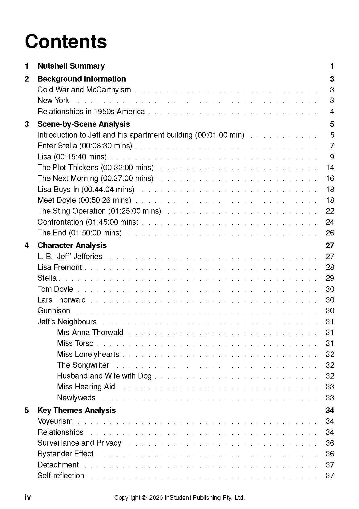 Text guide's table of contents page with black text on white, detailing character, scene, and theme analysis sections with page numbers.