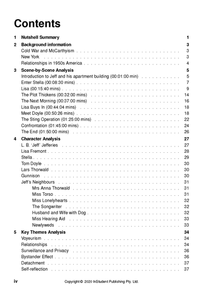 Text guide's table of contents page with black text on white, detailing character, scene, and theme analysis sections with page numbers.
