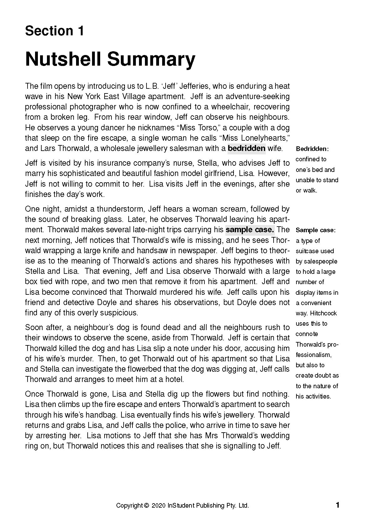 Text guide for Rear Window by InStudent Publishing Pty. Ltd., showing a page with 'Section 1 Nutshell Summary' text and definitions.