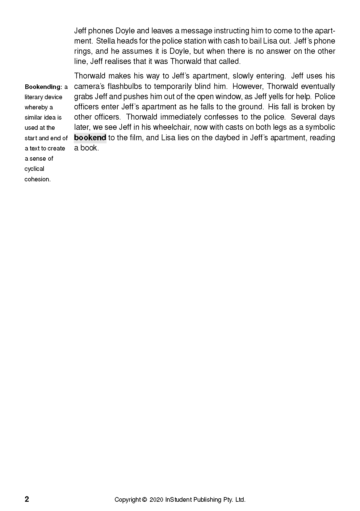 White text guide page by InStudent Publishing Pty. Ltd. with definitions and a plot summary about Rear Window.