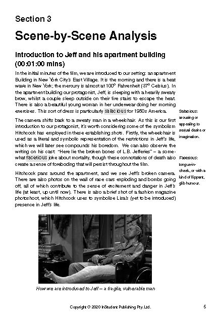 Text guide page analyzing 'Rear Window' film scenes, featuring a black and white photo of a man in a wheelchair with a leg cast.