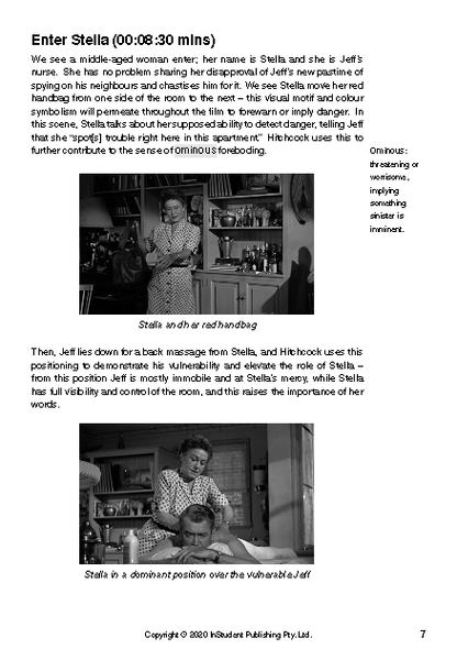 Text Guide showcasing black and white movie stills and analysis of Alfred Hitchcock's Rear Window.