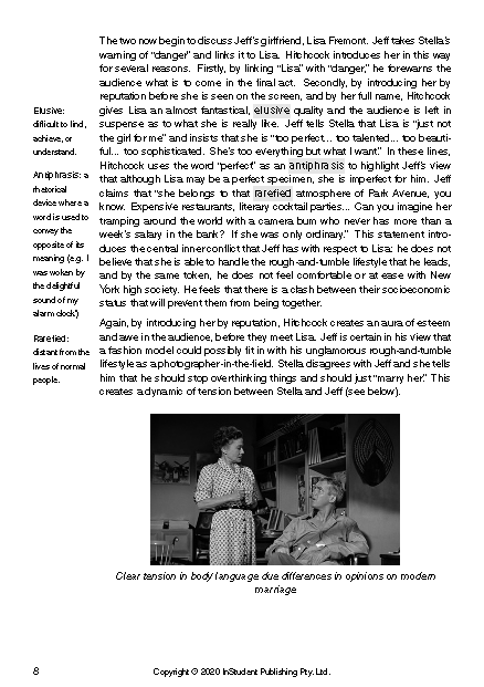 A text guide page with movie analysis and a black and white still of two actors from Rear Window.