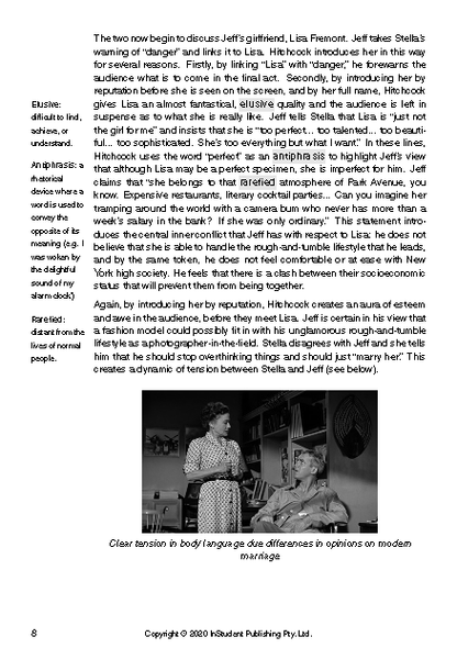 A text guide page with movie analysis and a black and white still of two actors from Rear Window.