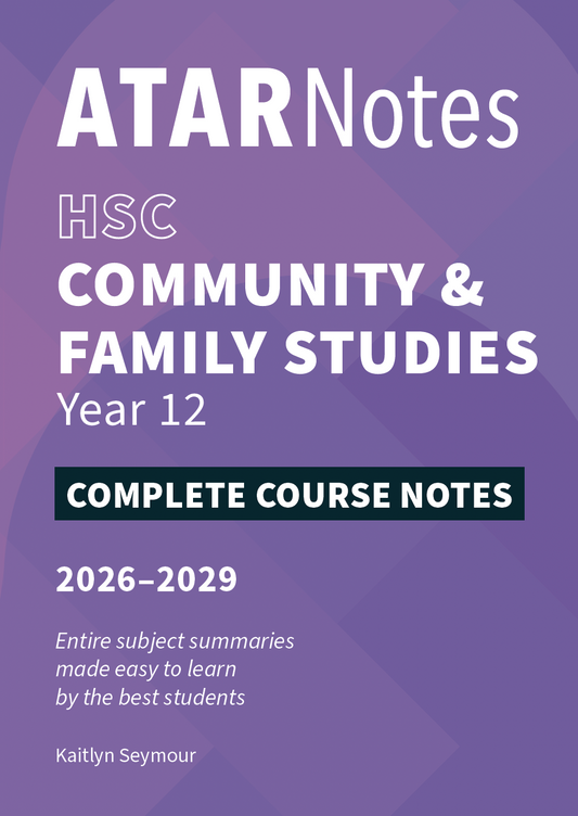 Purple Complete Course Notes for HSC Community & Family Studies Year 12 (2026-2029) by ATAR Notes, featuring geometric cover patterns.