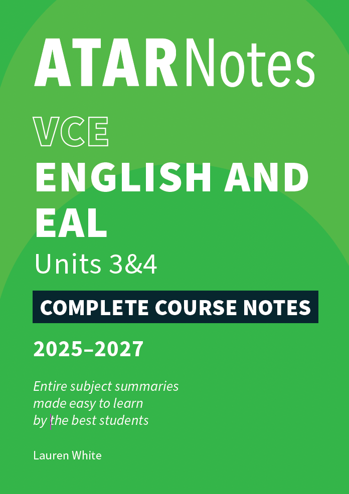 Green course notes book by ATAR Notes, displaying 'VCE English and EAL Units 3&4 Complete Course Notes 2025-2027' in white text.