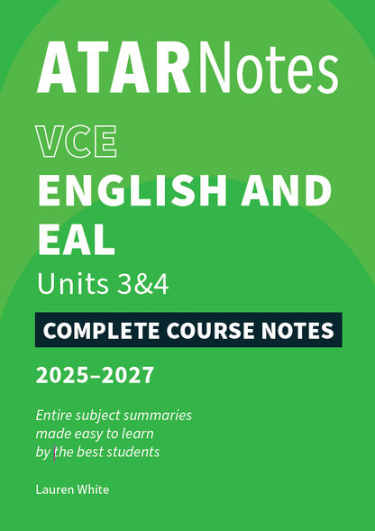 Green course notes book by ATAR Notes, displaying 'VCE English and EAL Units 3&4 Complete Course Notes 2025-2027' in white text.
