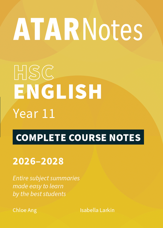 Orange and yellow HSC Year 11 English Complete Course Notes book by ATAR Notes, displaying 'HSC ENGLISH' and author names.