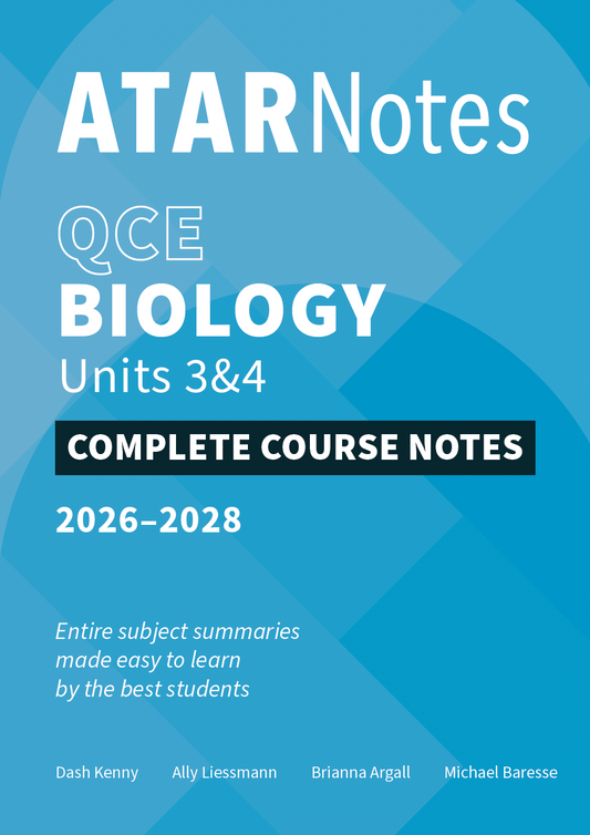 Biology Course Notes by ATAR Notes for QCE Units 3&4 (2026-2028), with a blue geometric cover and black title box.
