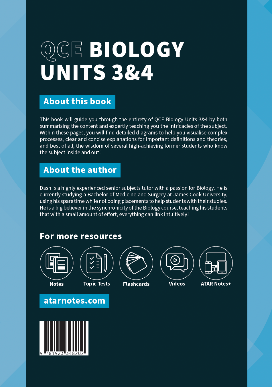 Dark blue QCE Biology 3&4 Complete Course Notes by ATAR Notes, featuring white text and resource icons.