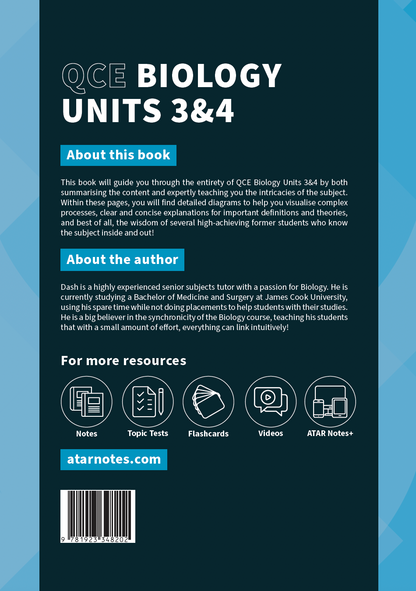 Dark blue QCE Biology 3&4 Complete Course Notes by ATAR Notes, featuring white text and resource icons.