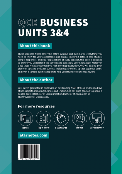 Course Notes by ATAR Notes, featuring a dark teal cover with QCE Business 3&4 title in white, resource icons, and a barcode.