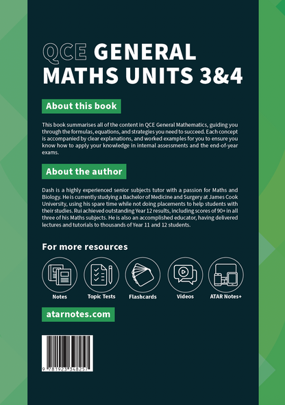 QCE General Maths Units 3&4 Course Notes by ATAR Notes, dark teal cover with white title text and resource icons.
