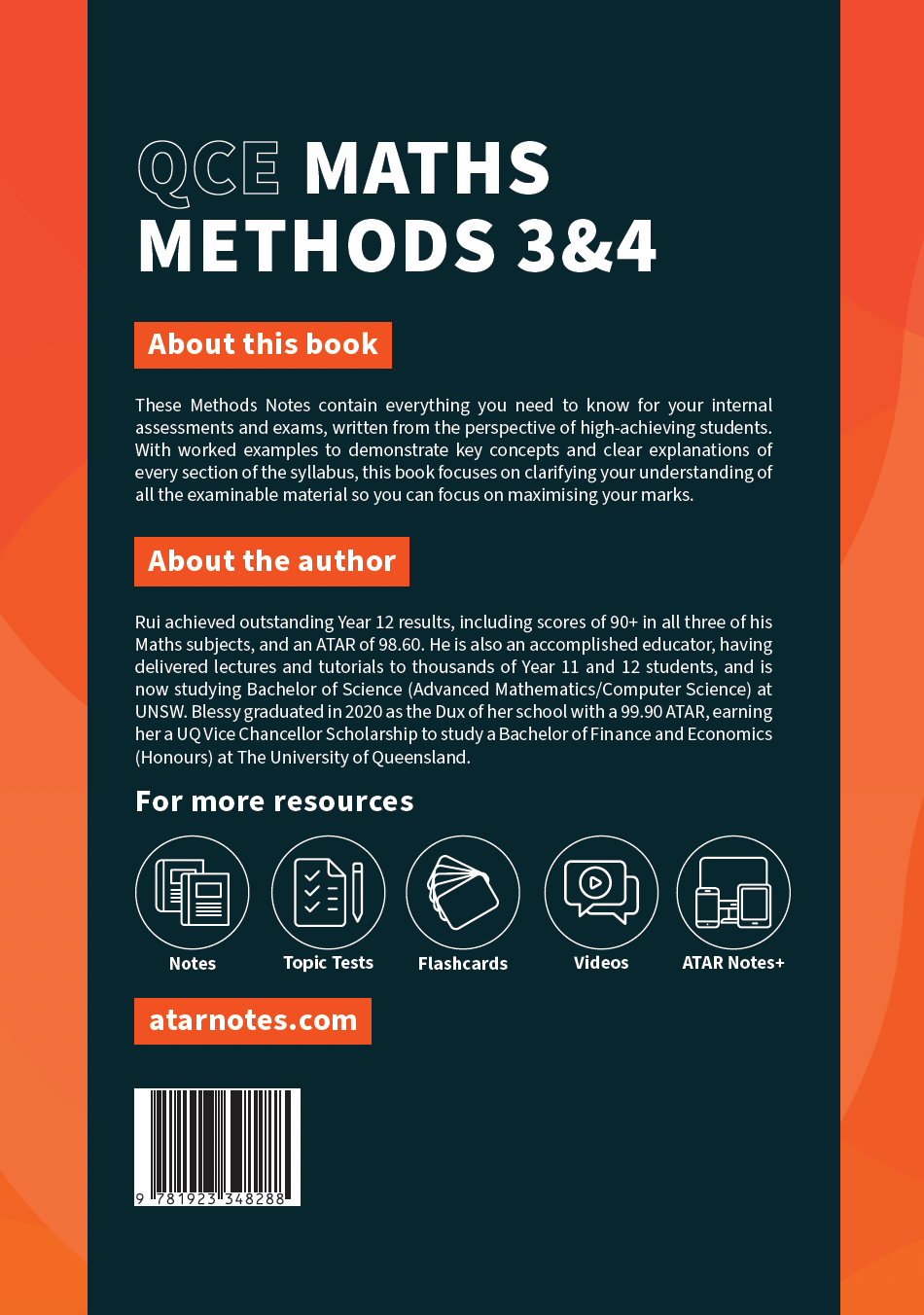 QCE Maths Methods 3&4 Complete Course Notes by ATAR Notes, dark blue and orange, displaying book details, resource icons, and a barcode.