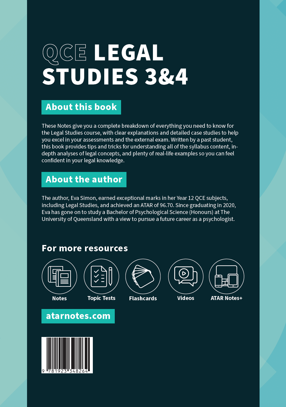 QCE Legal Studies 3&4 Complete Course Notes by ATAR Notes, featuring a dark teal cover with white text and resource icons.