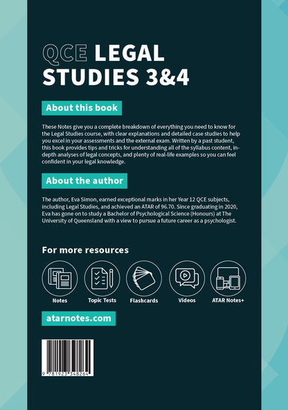 QCE Legal Studies 3&4 Complete Course Notes by ATAR Notes, featuring a dark teal cover with white text and resource icons.