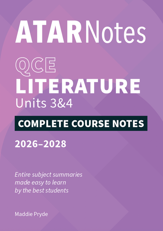 Purple QCE Literature Units 3&4 Complete Course Notes (2026-2028) by ATAR Notes, featuring white text, an outlined QCE, abstract background, and authored by Maddie Pryde.