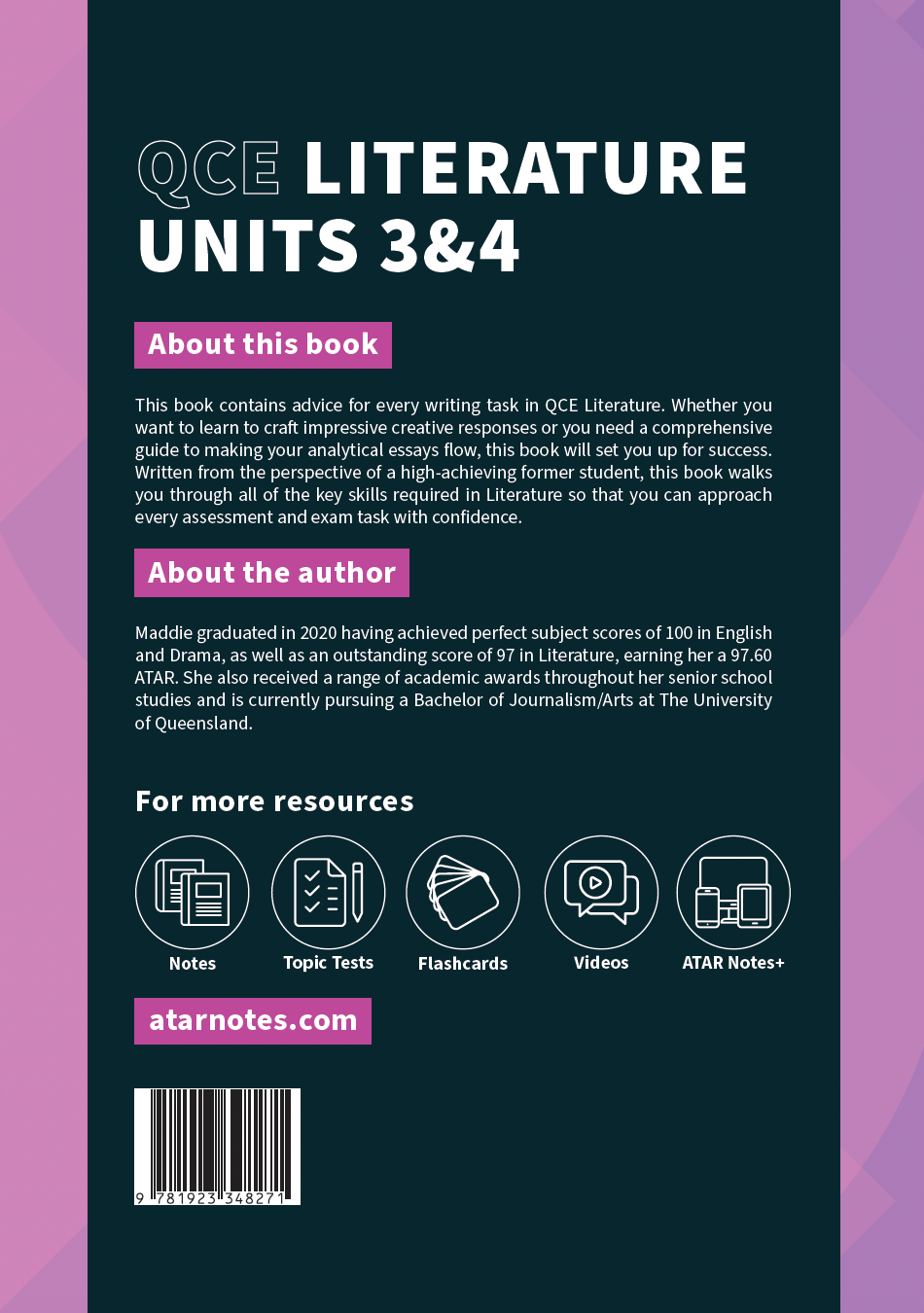 Dark teal course notes cover by ATAR Notes with QCE Literature title, author description, resource icons, and barcode.