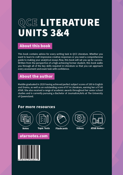 Dark teal course notes cover by ATAR Notes with QCE Literature title, author description, resource icons, and barcode.