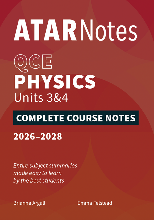QCE Physics Units 3&4 Complete Course Notes by ATAR Notes, 2026-2028 edition, with white text on a reddish-brown and orange patterned cover.
