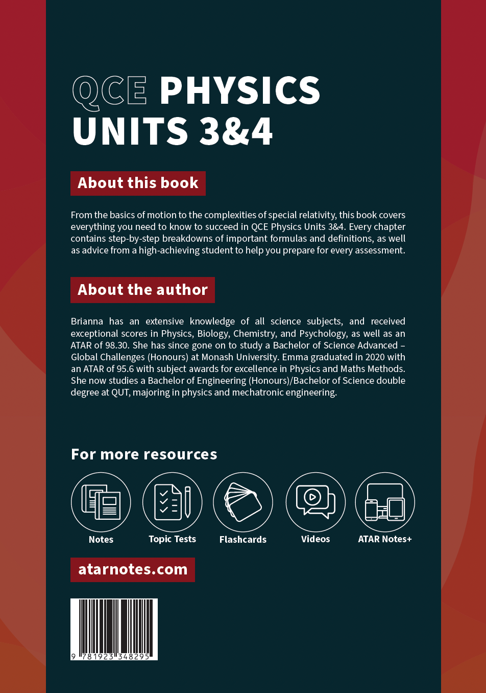 QCE Physics 3&4 Complete Course Notes by ATAR Notes, featuring a dark blue and red cover with title and resource icons.