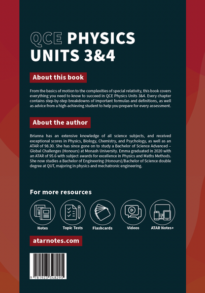 QCE Physics 3&4 Complete Course Notes by ATAR Notes, featuring a dark blue and red cover with title and resource icons.