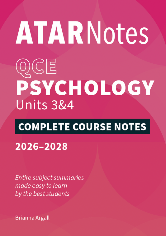 QCE Psychology Units 3&4 Complete Course Notes (2026-2028) by ATAR Notes, featuring white text on a vibrant pink background with subtle abstract swirls.