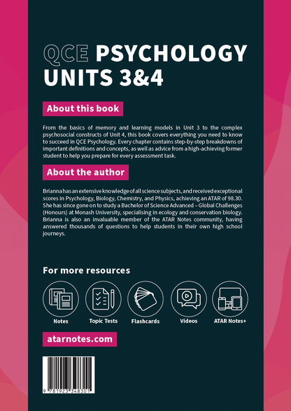 QCE Psychology 3&4 Course Notes book by ATAR Notes, featuring a dark teal and pink cover with title, resource icons, and barcode.