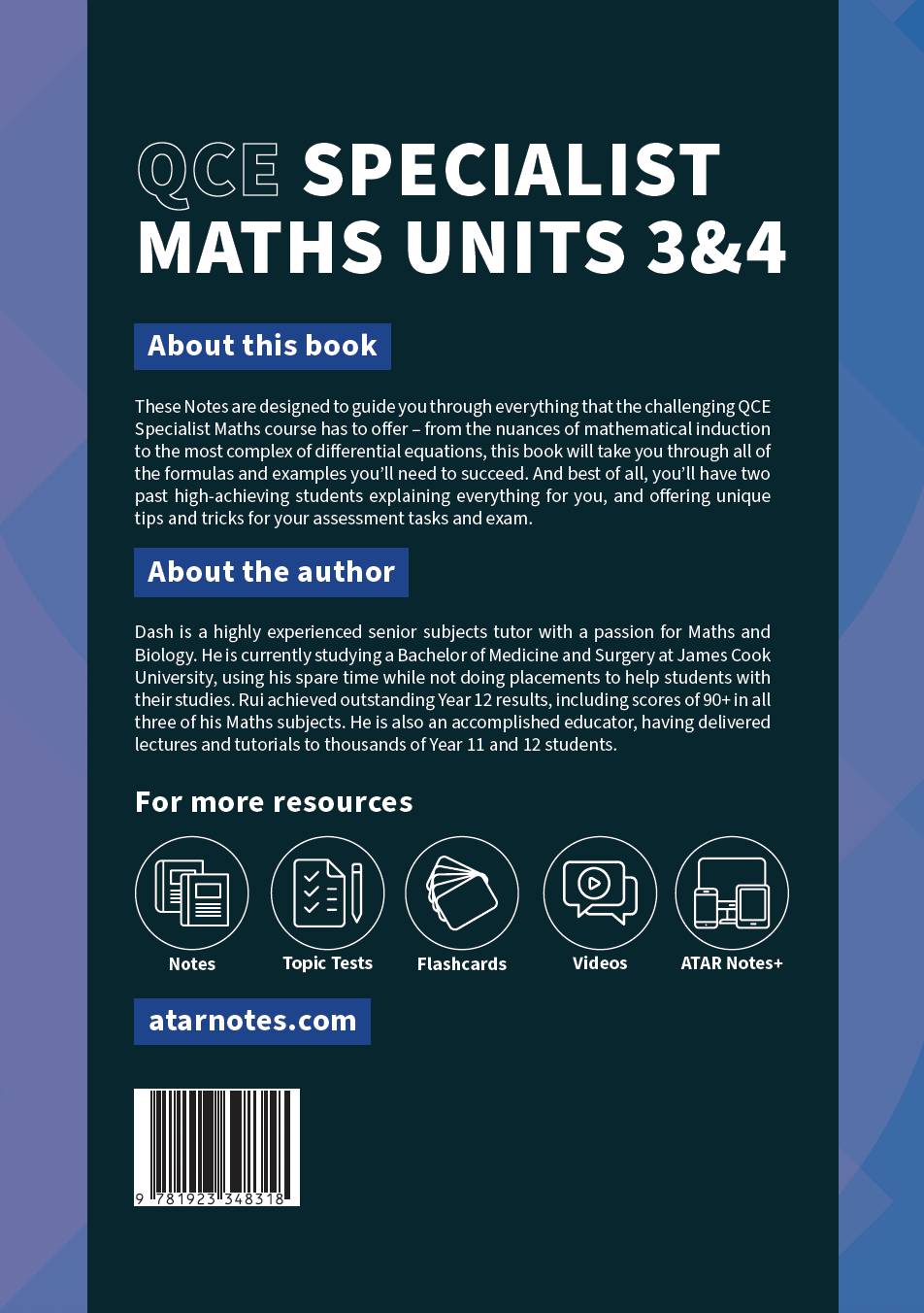 Course notes from ATAR Notes for QCE Specialist Maths 3&4, with descriptive text, resource icons, and a dark teal cover.
