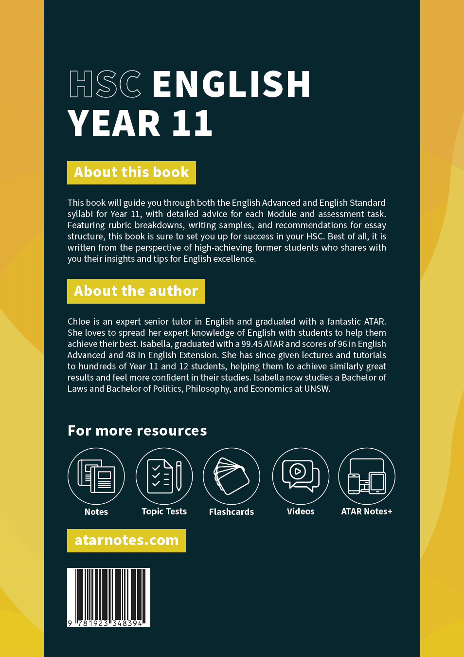 Informational page for HSC Year 11 English Course Notes by ATAR Notes, dark teal with golden-yellow accents, detailing book, author, and resources.