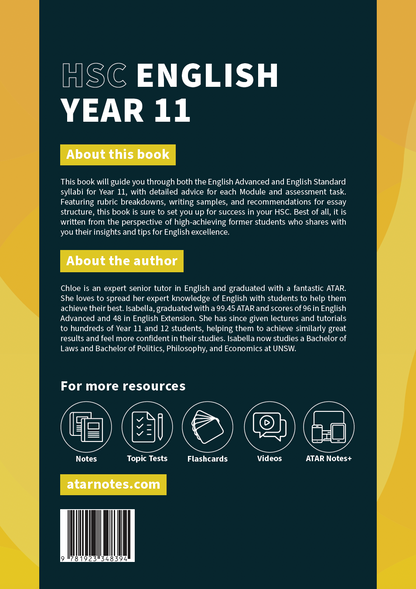 Informational page for HSC Year 11 English Course Notes by ATAR Notes, dark teal with golden-yellow accents, detailing book, author, and resources.