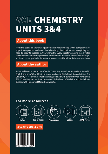 VCE Chemistry 3&4 Complete Course Notes (2025-2027) by ATAR Notes, on a dark teal and orange cover with title and resource icons.