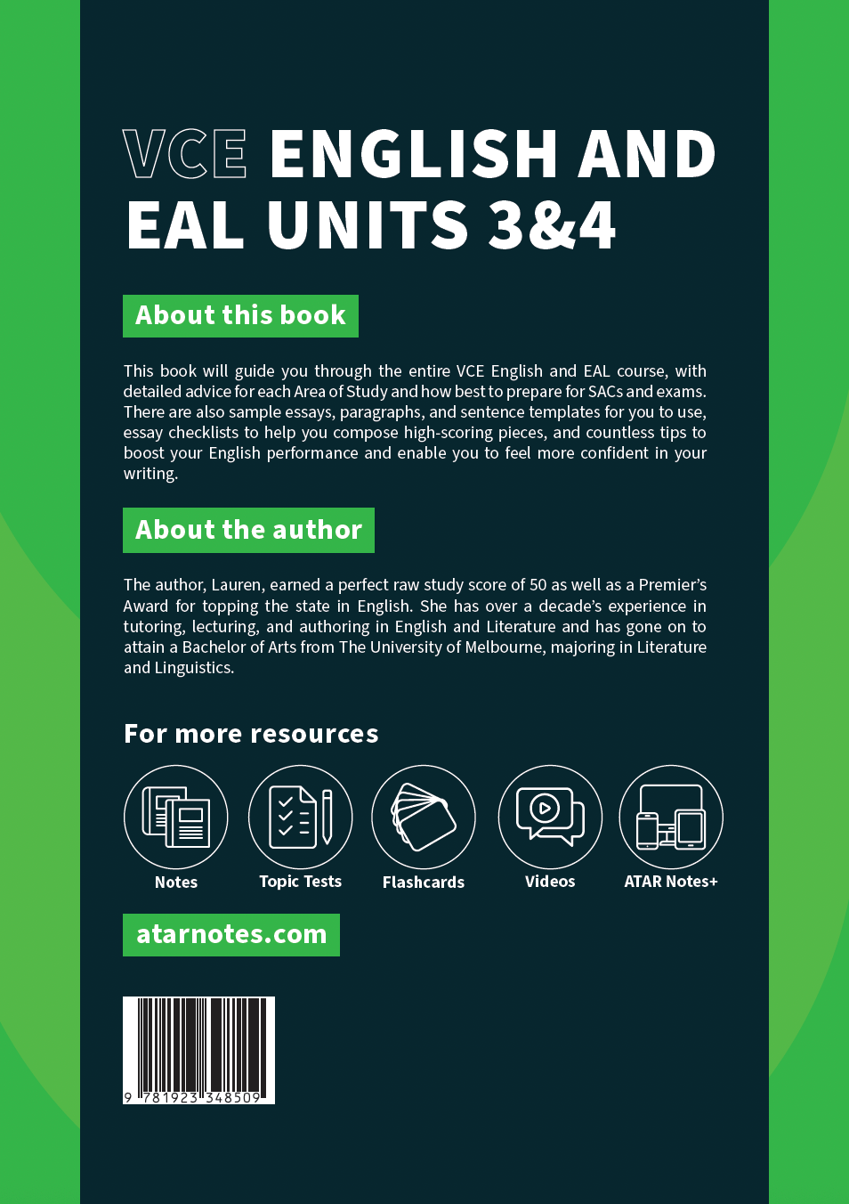 VCE English and EAL Course Notes by ATAR Notes, featuring a dark teal cover with white text and resource icons.