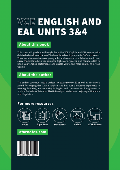 VCE English and EAL Course Notes by ATAR Notes, featuring a dark teal cover with white text and resource icons.