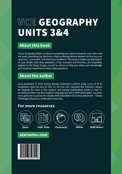 VCE Geography Units 3&4 Complete Course Notes book by ATAR Notes, with a dark teal cover, white text, and green highlight boxes.