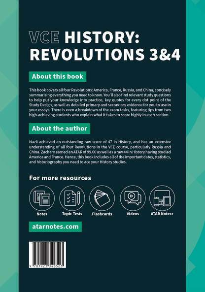 VCE History: Revolutions 3&4 Course Notes by ATAR Notes, with a dark teal front cover, white title text, and resource icons.