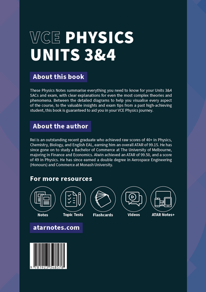 VCE Physics Units 3&4 Course Notes from ATAR Notes, dark blue back cover with book and author details, resource icons, and website.