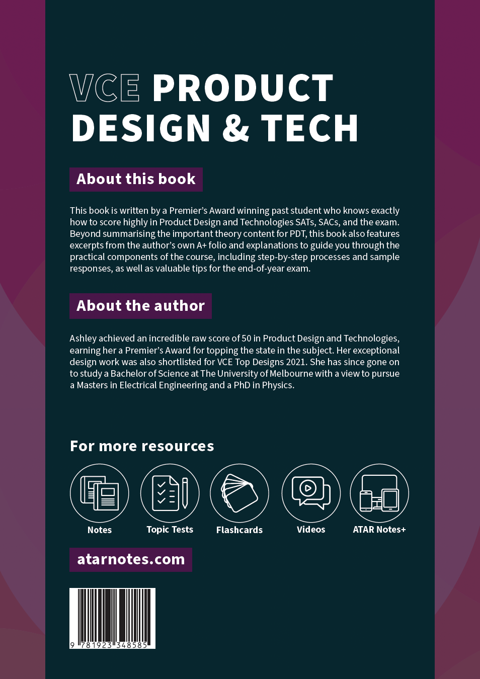 VCE Product Design and Technology 3&4 Complete Course Notes by ATAR Notes, dark teal and purple cover displaying title, text sections, and resource icons.