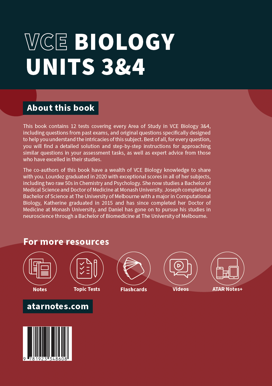 VCE Biology Topic Tests study guide from ATAR Notes with a dark teal and reddish-brown front cover displaying 'VCE Biology Units 3&4' title and resource icons.