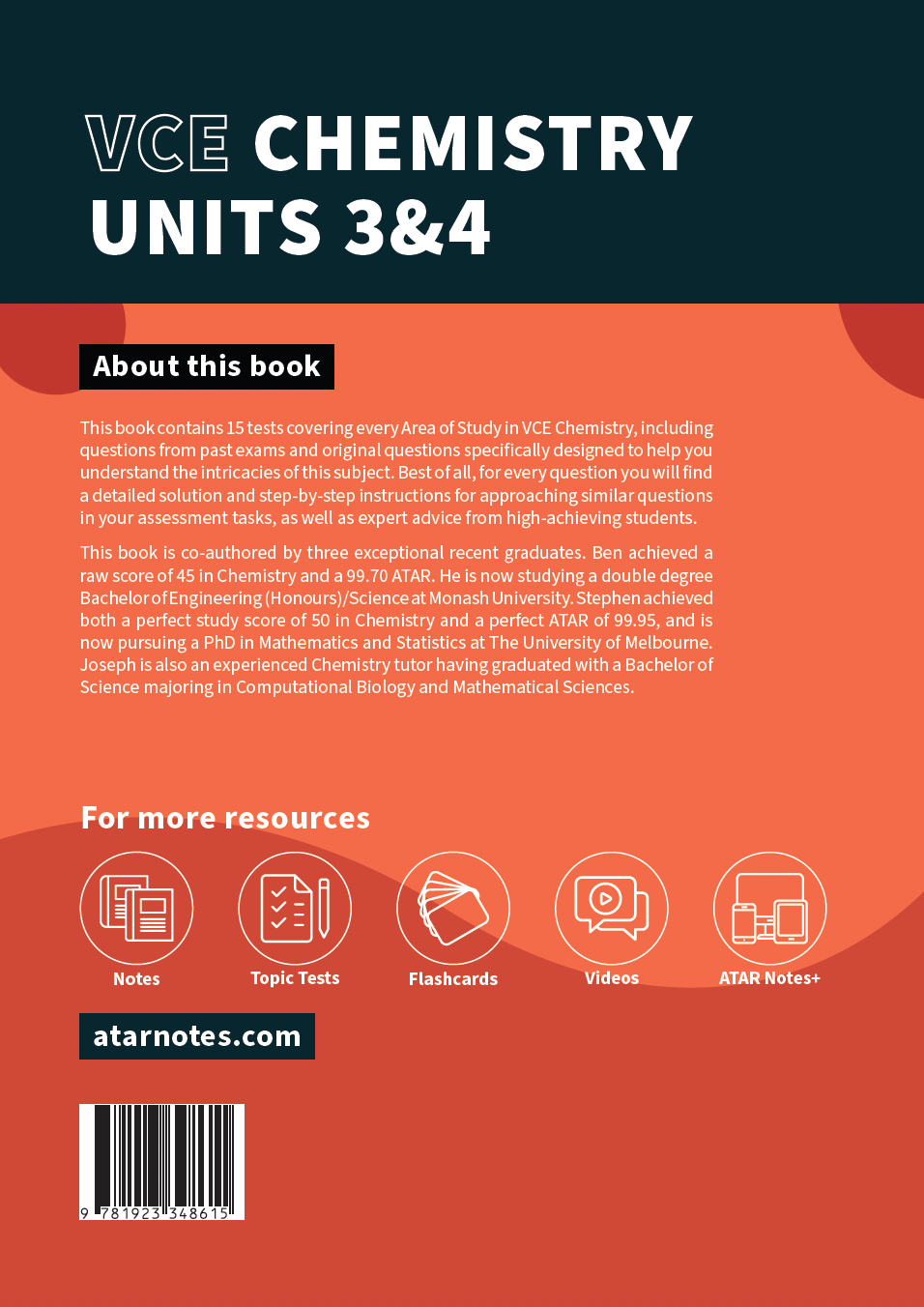 VCE Chemistry 3&4 Topic Tests book by ATAR Notes, with an orange and dark grey cover featuring white text, resource icons, and a barcode.