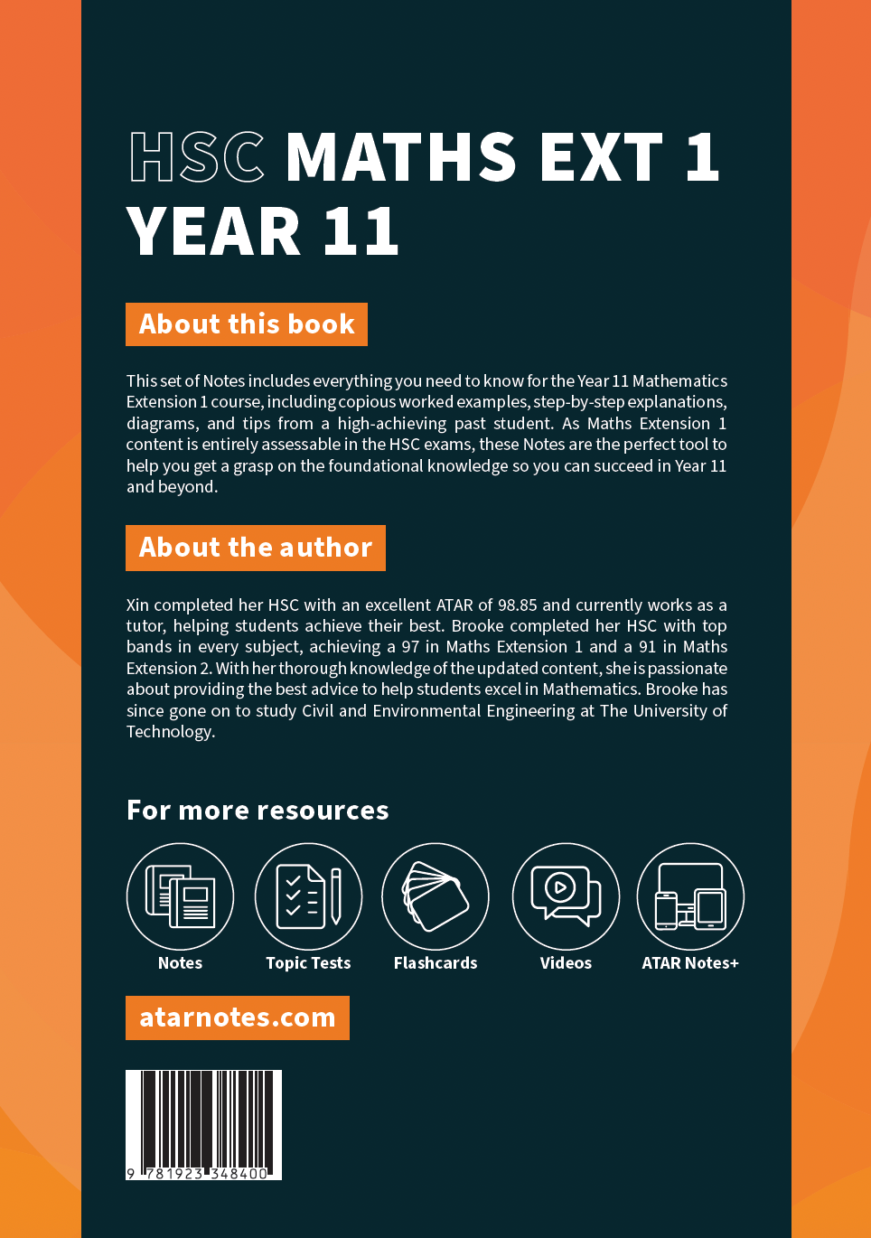HSC Year 11 Mathematics Extension 1 Complete Course Notes by ATAR Notes, dark blue and orange cover with white text and resource icons.