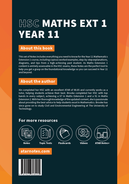 HSC Year 11 Mathematics Extension 1 Complete Course Notes by ATAR Notes, dark blue and orange cover with white text and resource icons.