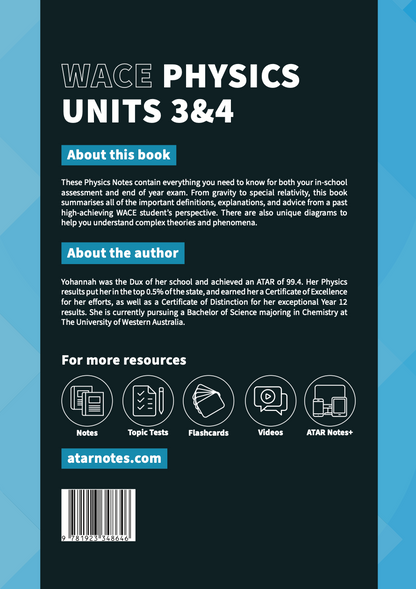 WACE Year 12 Physics 3&4 Notes by ATAR Notes, with a dark teal and blue cover, showing sections for book info, resource icons, and a barcode.