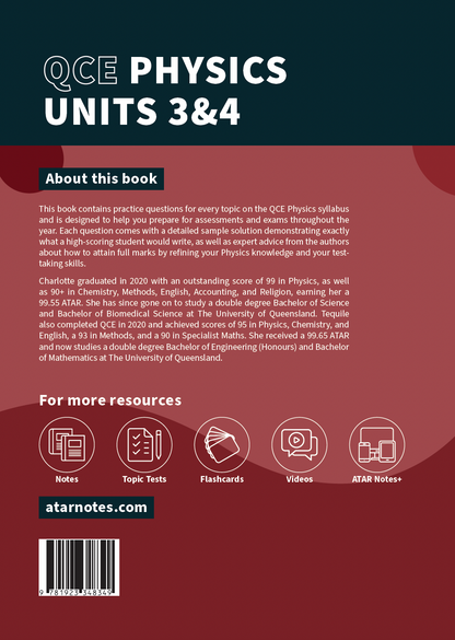 QCE Physics Units 3&4 Topic Tests book by ATAR Notes, with a dark teal and red cover displaying white text and resource icons.