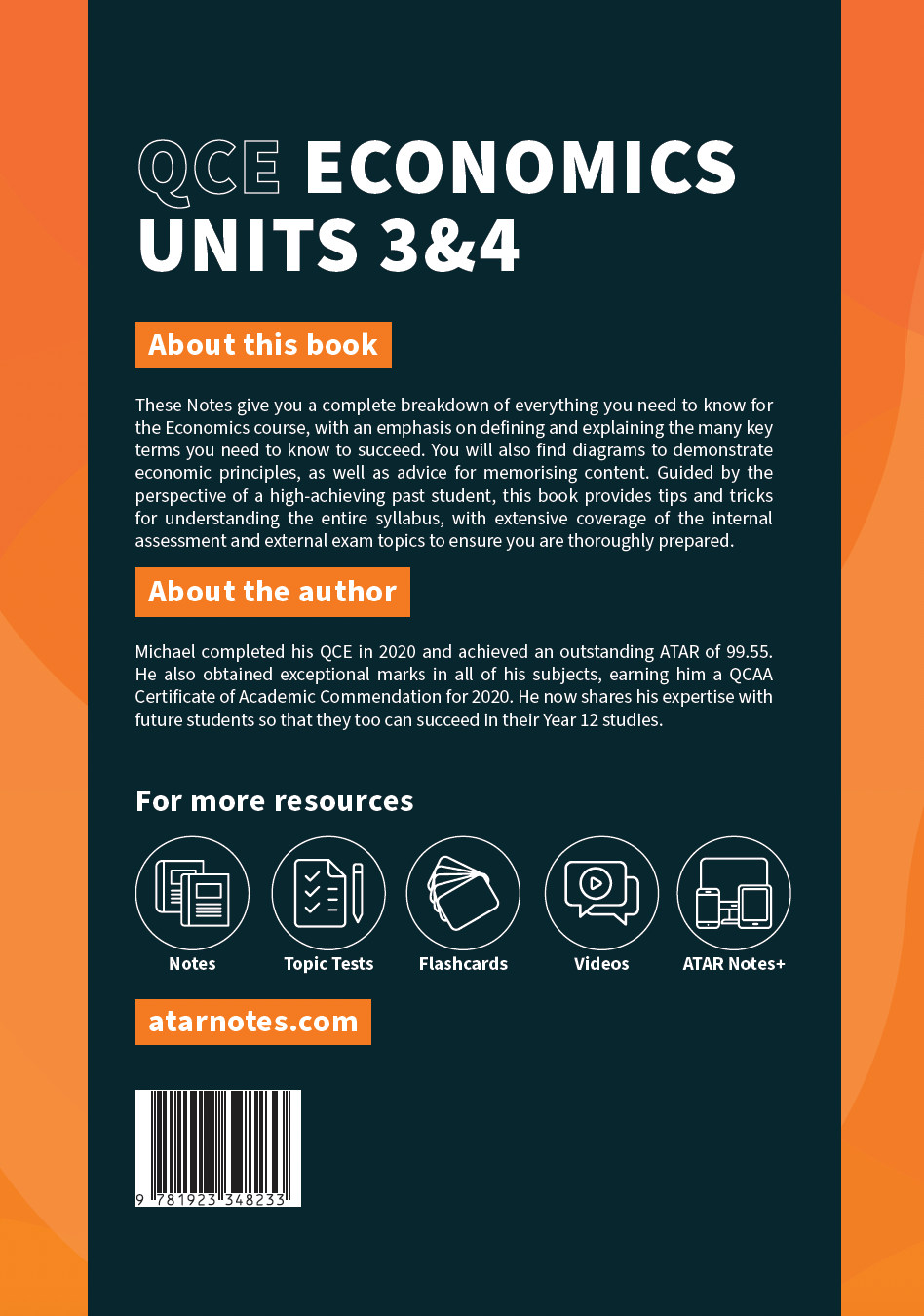 QCE Economics 3&4 Complete Course Notes by ATAR Notes, featuring a dark blue and orange back cover with text, icons, and a barcode.
