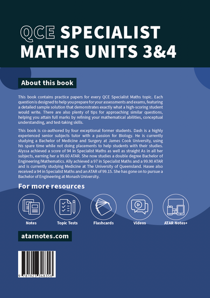 QCE Specialist Maths 3&4 Topic Tests book by ATAR Notes, dark blue cover with white text and educational resource icons.